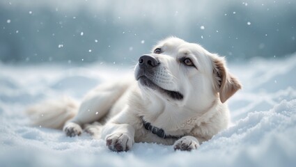contented Hovawart canine resting in the snow