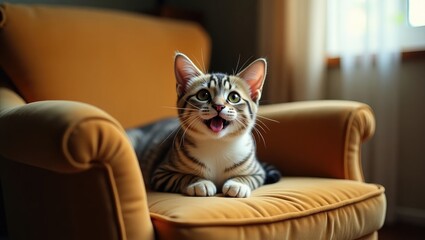 Contented cat lounging on a chair. Amusing house pet relaxing indoors.