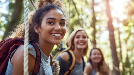 Diverse Professionals Engaged in Team Building Ropes Course Exercise to Enhance and Problem Solving