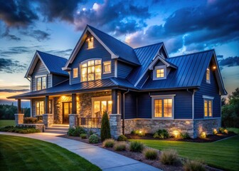 Low Light Modern Farmhouse Photography: Blue Siding, Stone Accents, Night Scene