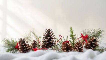 Holiday ornaments and pinecones against a light backdrop