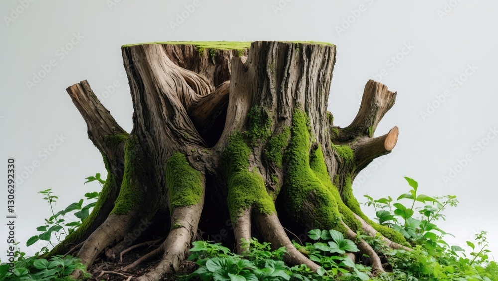 Poster Eliminate the tree stump. Moss-covered tree roots. An ancient tree stump surrounded by vibrant greenery. Standalone dead tree set against a white backdrop. High-quality clipping mask.