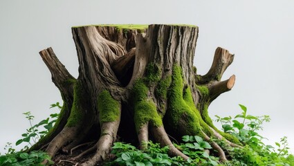 Fototapeta premium Eliminate the tree stump. Moss-covered tree roots. An ancient tree stump surrounded by vibrant greenery. Standalone dead tree set against a white backdrop. High-quality clipping mask.
