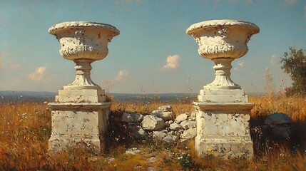Elegant stone urns stand proudly overlooking golden fields bathed in warm sunlight. AI Generated