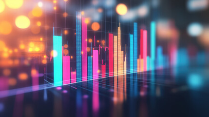A stock market graph with colorful bar charts, a digital background