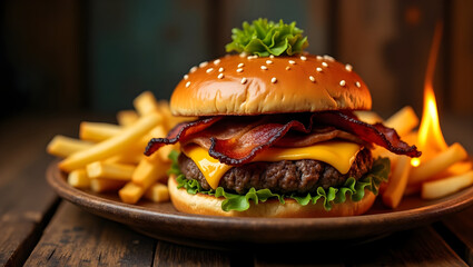 A delicious burger with French fries served on a wooden dish.
