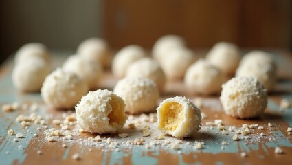 Fototapeta premium Homemade coconut spheres scattered across a rustic wooden surface