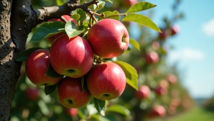 Abundant ripe red apples hanging from a typical apple tree in a Dutch orchard, signaling the approach of fall.