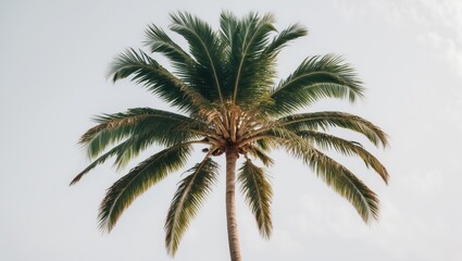 Isolate the palm tree. Photograph of a single coconut palm set against a white backdrop, showcasing high-quality details for expert composition.