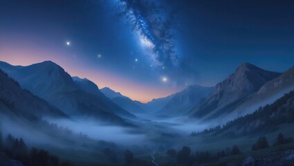 Mountain Valley Under a Night Sky Filled with the Blue Milky Way. Stars Shine Over the Serene Landscape.