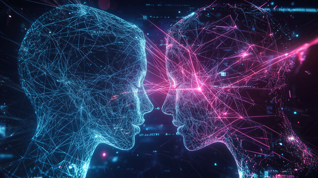 A futuristic AI-driven dating app interface with two holographic profiles connected by a glowing line. The scene highlights the high-tech, virtual matchmaking process in a sleek digital environment.
