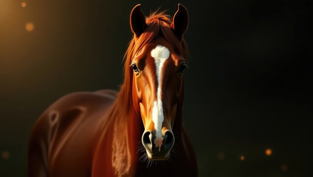 Image of a Bay horse featuring a prominent white marking on its muzzle, set against a dark background in a stable.