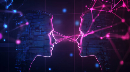 Obraz premium A futuristic AI-driven dating app interface with two holographic profiles connected by a glowing line. The scene highlights the high-tech, virtual matchmaking process in a sleek digital environment. 