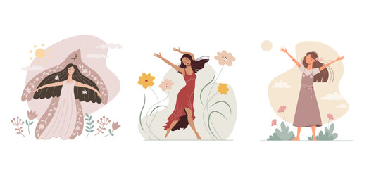Set of beautiful young women enjoy summer and nature. Nice girls among flowers collection. Vector illustrations in a flat style. Female delight and inspiration. Lightness and femininity of dance.
