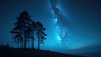 Naklejka premium Starry night sky illuminated by stars, featuring a blue cosmic backdrop and silhouettes of trees.