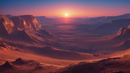 Fototapeta premium Mars Landscape at Dawn and Dusk, View of the Martian Terrain, Digital Rendering