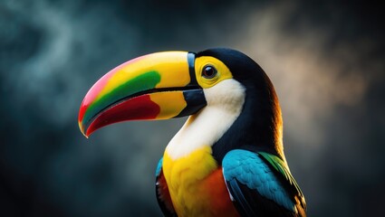Fototapeta premium Stunning toucan showcasing its vibrant feathers and impressive beak in a close-up view.