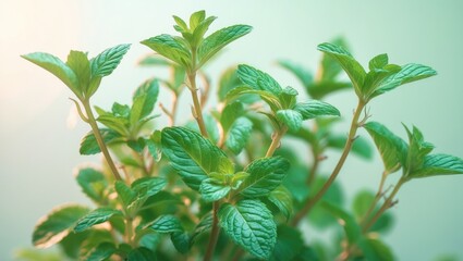 Obraz premium Fresh mint leaves against a light backdrop, isolated. Mint clipping route. Culinary photography.