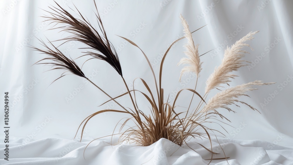 Poster isolate the foliage. a white background showcases a cattail and reed plant. remove bulrush and dista
