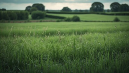 Scenic rural landscape featuring a grassy field. Vibrant summertime backdrop highlighting the lush greenery. Nature theme with expansive agricultural pastures.