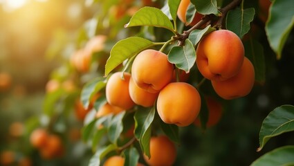 Succulent apricots growing on a branch surrounded by leaves in an orchard. Harvest time.