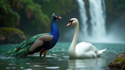 Obraz premium A waterfall scene featuring a peacock and a swan in a natural setting.