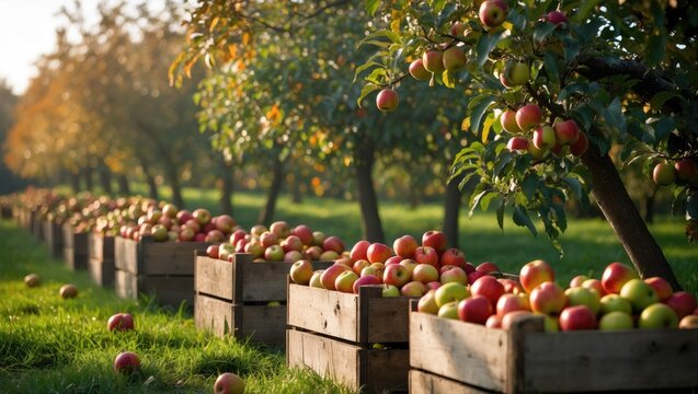 Leens, The Netherlands, 10-13-2010. Apples harvested in the Borg Verhildersum orchard are stored in wooden crates, awaiting collection.