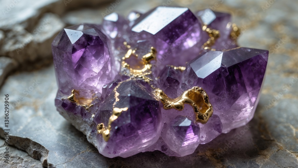 Poster gold inclusions seen in an amethyst quartz crystal. close-up view of unpolished raw amethyst quartz.