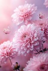 Fototapeta premium Soft Pink Chrysanthemums Surrounded by Delicate Butterflies in a Dreamy Pastel Background for Nature and Floral Photography