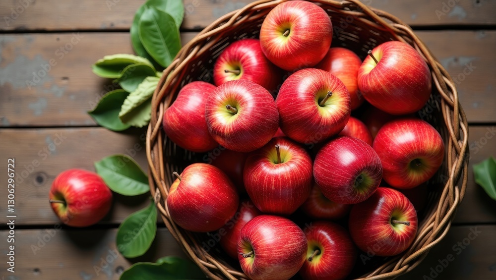 Poster freshly picked apples in a basket atop a wooden surface. aerial view with space for text.