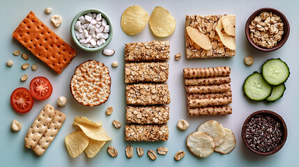 Fototapeta premium Flat lay of assorted healthy snacks with minimalistic composition