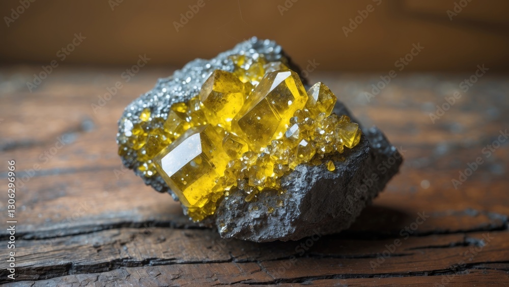 Poster Close-up of a rough chalcopyrite mineral embedded with small quartz crystals on a wooden surface, showcasing the shiny yellow stone in daylight, emphasizing its geological and mineralogical features.
