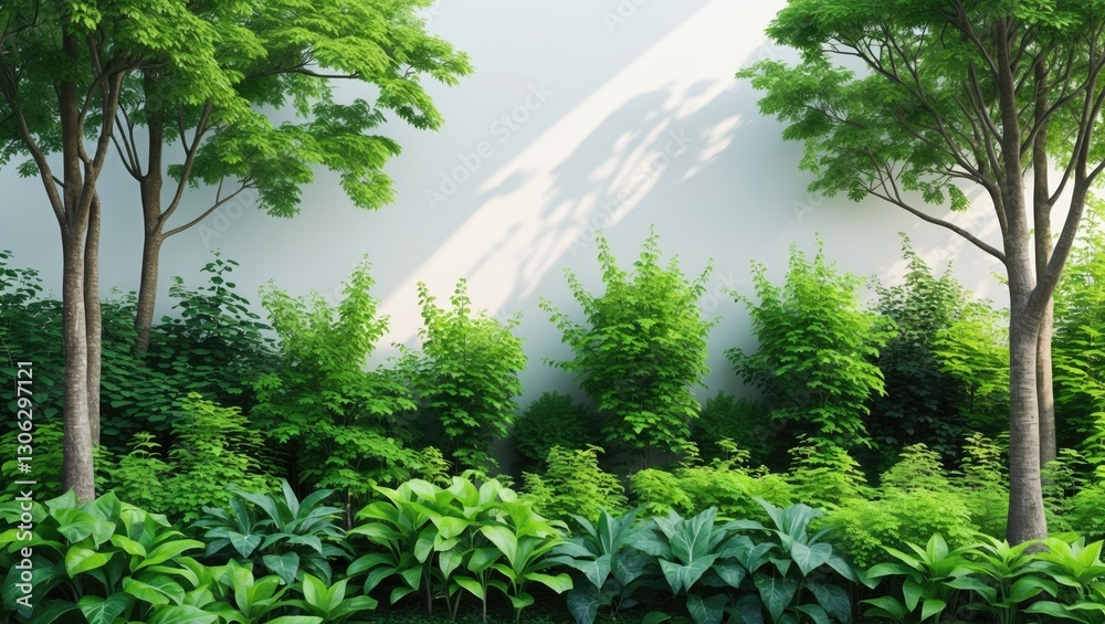 Poster eliminate the line of trees. a row of vibrant green plants and trees in summer against a white backg
