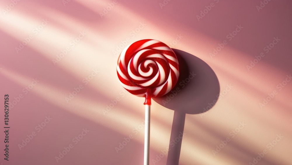 Poster swirled red and white lollipop on a white stick set against a pink backdrop. viewed from above, with