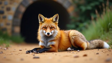 Fototapeta premium Old Red Fox Female Relaxing on the Sand Near a Bridge Section