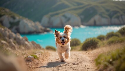 Image of a dog joyfully running along a trail by the rocky shores of Menorca.