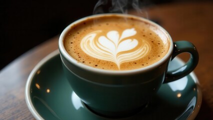 Aromatic Coffee with Intricate Latte Art in a Teal Cup on a Matching Saucer
