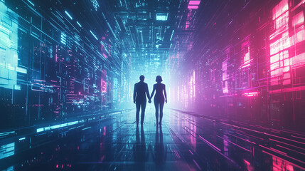 Obraz premium A couple as digital avatars holding hands in a glowing neon-lit metaverse city, surrounded by futuristic skyscrapers. Their love is reflected in the vibrant digital world they explore together. 