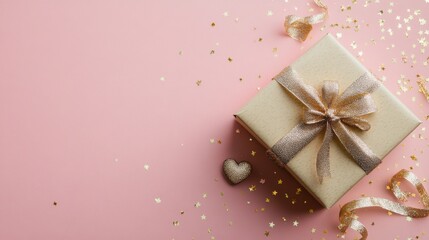Fototapeta premium Elegant gift box on a pink background with gold ribbons and sparkling confetti for celebrations