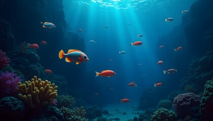 Obraz premium Glowing multi colored fish swim in the deep, dangerous underwater reef. 