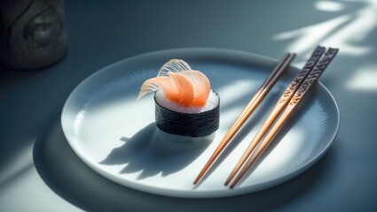 Sushi made with Japanese seafood, served on a white plate alongside chopsticks.