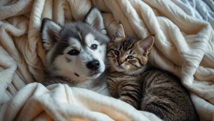 Obraz premium A Malamute pup and an adorable tabby kitten snuggle together on a bed draped with a soft blanket, gazing at the camera. Gentle white hues dominate the scene.