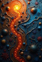Abstract detailed surface covered with glowing symbols and energy flows