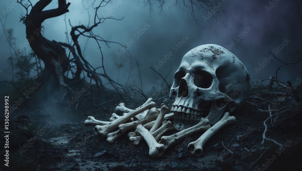 Poster skull and bones unearthed from a sinister graveyard shrouded in dim lighting still life and artistic