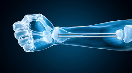 Postoperative x-ray of arm with metal rod insertion medical facility medical imaging clinical environment detailed view surgical recovery