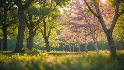 Fototapeta premium Charming summer forest featuring a diverse range of trees