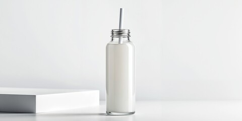 Mockup bottle with a straw, minimalist design, white background, copy space