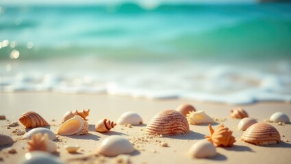 Seashells on sandy shore: Springtime capture of seashells on a beach with a turquoise sea background, featuring ample space for decoration or text. Focused detail.