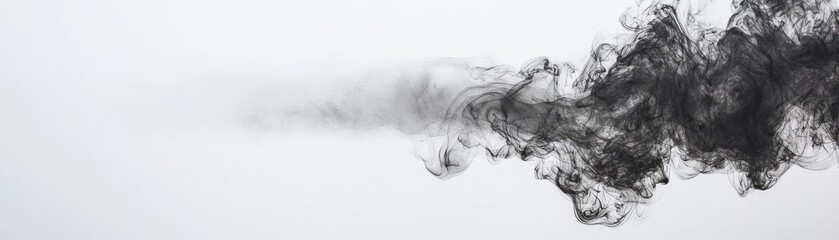 Fototapeta premium Black smoke plume drifts, white background. Abstract design element