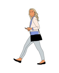 Business woman walking side view. Pretty blond girl in smart casual office outfit with phone and bag. Texting, chatting, communicating. Vector realistic illustration isolated